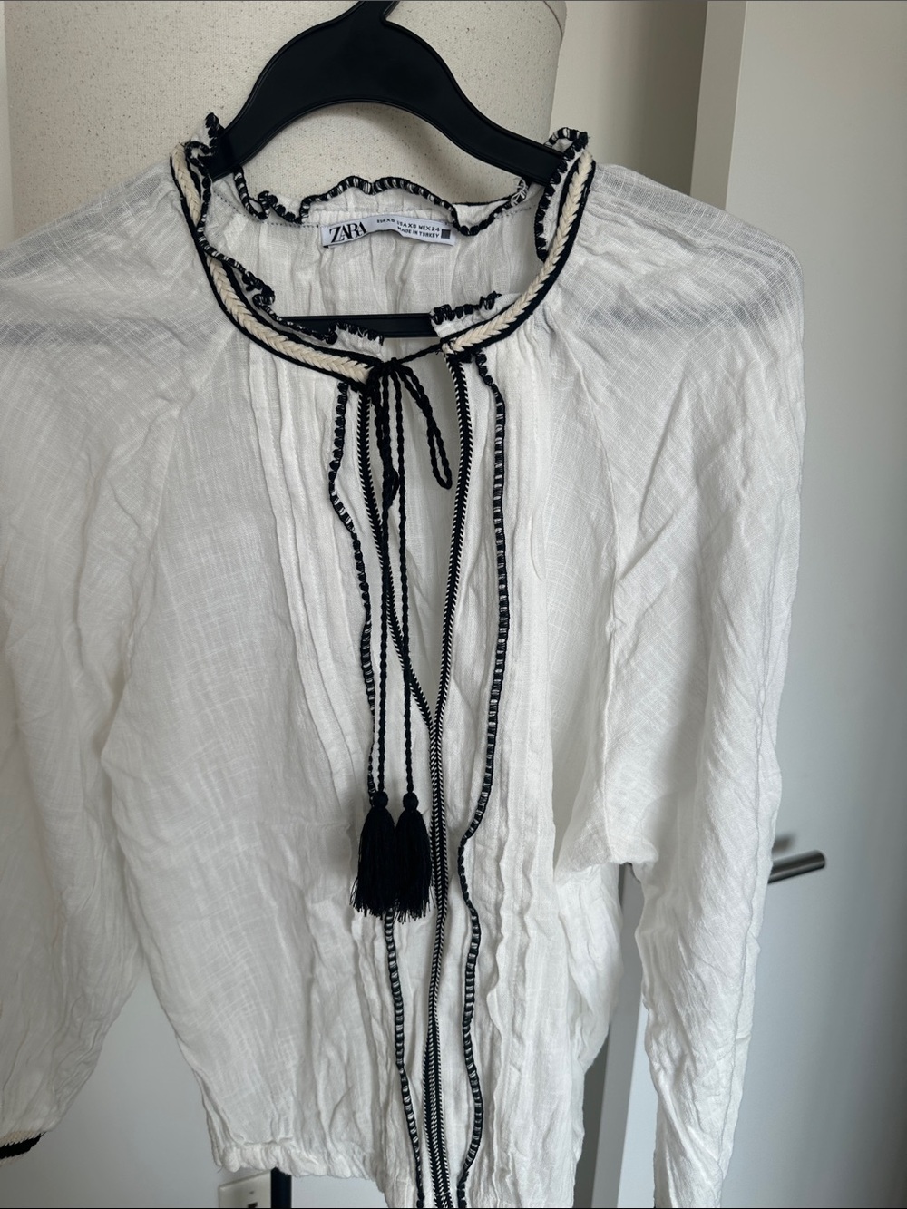 Zara White Blouse with Black Trim and Tassels